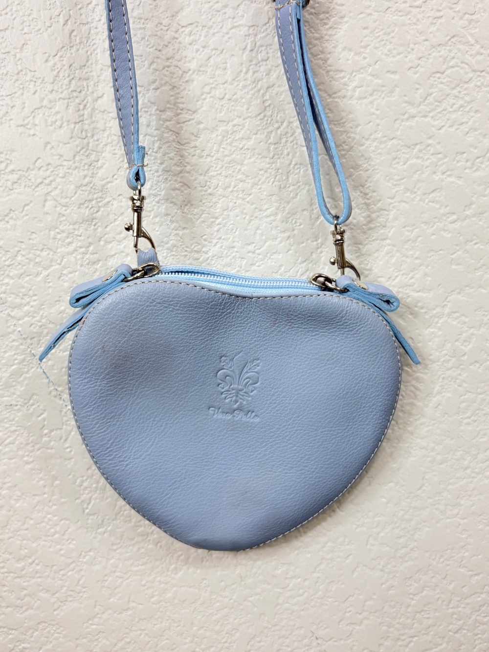 Vera Pelle Leather Mini Heart  Crossbody Bag Purse Light Blue FUN